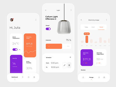 Smart Home App app app design clean cost dashboard design digital electcrity usage house interior lamp light schedule smart smart home temperature ui ux white