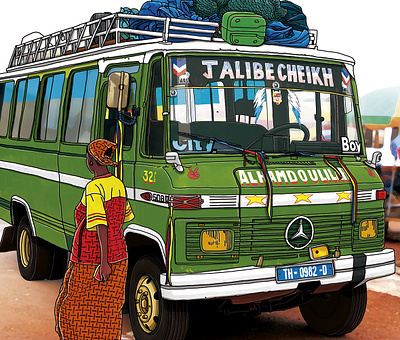 Bus stop in Kedougou market.Senegal. african woman illustration series transport watercolor