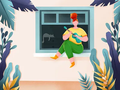 Stay home and play the ukulele art design drawing girl illustration procreate stayhome ukulele