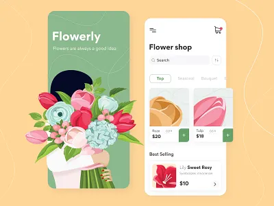 Flowerly - Mobile app concept app arounda business cards concept delivery design ecommerce figma flowers girl illustration menu bar pink search selling shop sketch ui ux