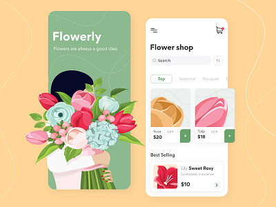 Flowerly - Mobile app concept app arounda business cards concept delivery design ecommerce figma flowers girl illustration menu bar pink search selling shop sketch ui ux