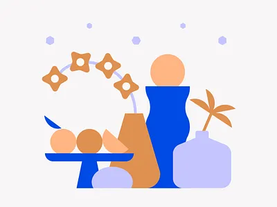 Still Life 2d blue bottle clean design flat flower fruit geometry graphic icon illustration lamp minimal objects orange pattern plant vase vector