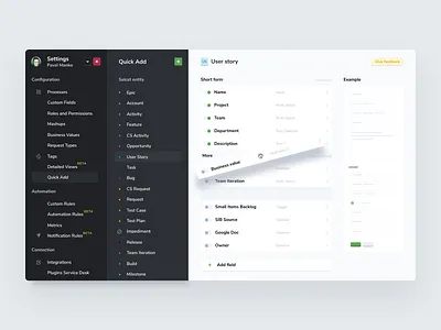 Quick add setup agile app product design quick add settings setup targetprocess ui web