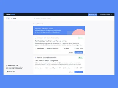 Cimple Finder - Dashboard blue cards dashboad design desktop feed icons interface search significa tabs tags typography ui upgrade ux webapp