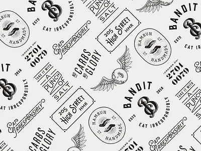 Bandit pattern badges burger carbs donut doughnut eat fast food fast food branding fastfood food food pattern grit gritty handmade iconography icons lettering pattern tattoo culture vector