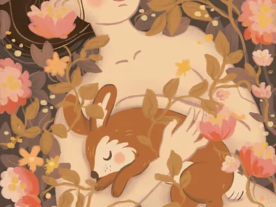 Spring dreams blossom botanical bunny character cute cute art design flowers forest garden girl illustration ipad ipadpro nature plants portrait procreate sleep woman