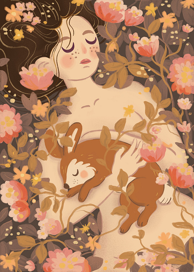 Spring dreams blossom botanical bunny character cute cute art design flowers forest garden girl illustration ipad ipadpro nature plants portrait procreate sleep woman