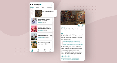 CultureSpot app article article design concept concept design culture design design app designer figma inspiration movies news newsfeed newsletter pink pinterest ui ux ux ui