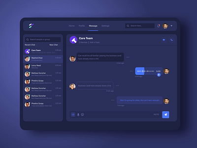 Chat application (Dark version) after effects animation application branding chat app chatbot conversation creative dark app dark ui deshboard logo medical app message motion design team typography ui ux web design