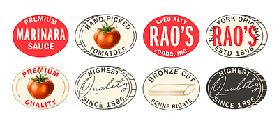 Rao's Badge Exploration badges branding cpg food branding label packaging pasta penne red sauce stickers tomato