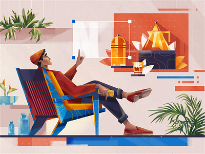 Content Creator chair character character design content creator fireart glass home man plants still life