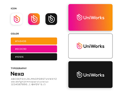 UniWorks logo & brand style guide app logo brand identity branding branding designer business logo colorful corporate logo icon logo design logo designer modern symbol technical typography u logo vector