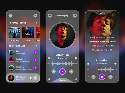 Music Player - App Design UI app design bands dark mode lyric lyrics mobile app music app music player musician musics play player playlist song song lyrics songs spotify tracks ui ux