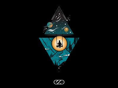 Space in between dark green illustration moon mountain planets space vector yellow
