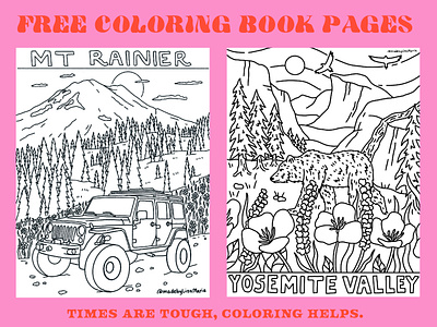 Free Coloring Book Pages bear california color book page coloring book flowers hand drawn illustration jeep line art merch design mountains mt rainier mural nature nature illustration outdoors pnw trees washington yosemite