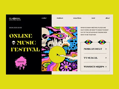 Online Music Festival // Website Concept brutalism clean design flat minimal psychedelic punk rock stream trash trippy ux web web design website