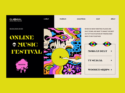 Online Music Festival // Website Concept brutalism clean design flat minimal psychedelic punk rock stream trash trippy ux web web design website