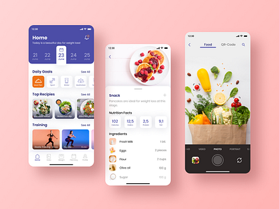 Diet App app calories daily challange dailyui deat design fitness food health ios meal minimal navigation nutrition qr recipe scan ui ux vegan