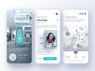 Library App. 3d app ar book clean details floor plan info library map mark menu message mobile navigation price profile search ui vr