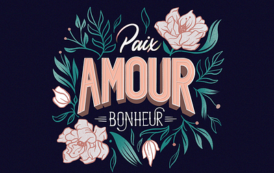 Paix, Amour, Bonheur bloom botanical elegant feminine floral flower handdrawn happiness lettering love magnolia outline peace procreate procreate art script spring type typography