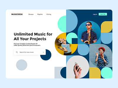 Landing Page Exploration - Music App audio audio app blue colourful hero hero section landing page music music art musician overview visual identity web web app web design website