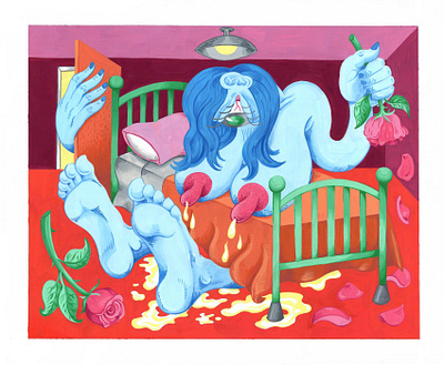 Navel Gazer bright cartoon colorful fine art gouache illustration painting personal work portrait quirky surreal