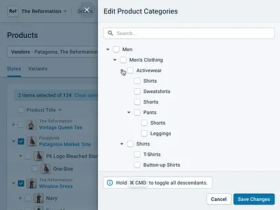 Reaction Commerce · Edit Categories bulk action checkbox desktop ecommerce enterprise product design web