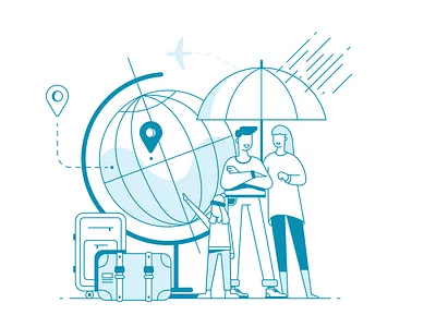 Illustrations blue car computer globe illustration insurance laptop life lines outline security travel vector