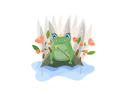 The Frog Princess Fairy Tale animal arrow character character design childrens book colorful crown cute flowers frog girl plants princess sitting smile stone vector waiting water weapon