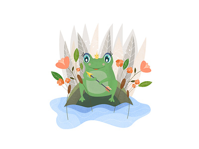 The Frog Princess Fairy Tale animal arrow character character design childrens book colorful crown cute flowers frog girl plants princess sitting smile stone vector waiting water weapon