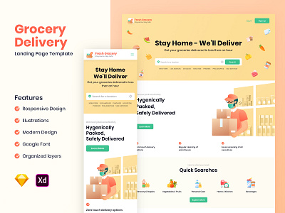 Fresh Grocery - Landing Page Template amazonfresh bigbasket clean coronavirus delivery design doordash freshdirect grofers illustration instacart interface minimal peapod postmates shipt ui ui8net user experience walmart