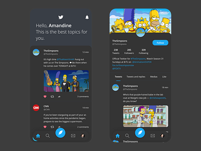 Twitter App Redesign (Dark) adobe adobe xd app app design beautiful black clean dark dark app dark mode dark ui design minimal prototype redesign social twitter twitter feed twitter icon xd