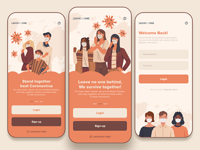 Leavenoone - On boarding and login app UI animation app character character design coronavirus covid19 illustration ios login login page mask mobile mobile ui on boarding onboarding ui outbreak people ui ui design ux