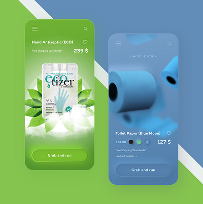 Need It 🤢 app app design blue coronavirus covid green interface mobile neumorphic neumorphism new paper popular sanitizer shop skeumorphic skeuomorph ui