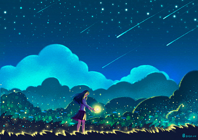 Fireflies & Stars art blue cartoon design fireflies illustration light star