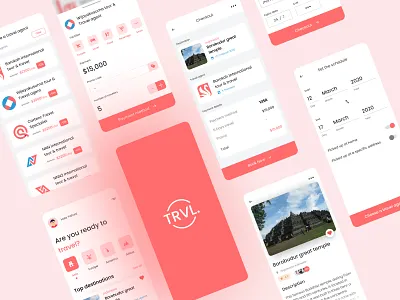 TRVL. - a travel app exploration android app app booking app brand brand design branding clean design flat holidays minimal schedule simple travel travel agent travel app travelapp traveling ui ux