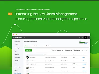 QuickBooks Online — User Management Experience design exploration green color intuit product design quickbooks quickbooks online table view tabs ui user management users users limit ux visual exploration web web app