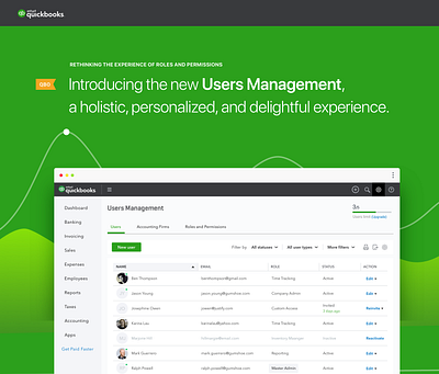 QuickBooks Online — User Management Experience design exploration green color intuit product design quickbooks quickbooks online table view tabs ui user management users users limit ux visual exploration web web app