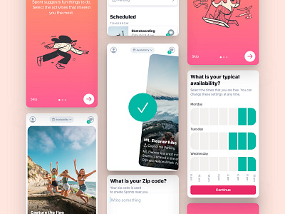 Spont iOS App app calendar cards ui design hierarchy illustration onboarding swipe ui ux visual design zip zip code