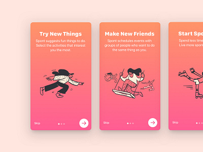 Spont iOS App app design hierarchy illustration onboarding play swipe ui ux visual design