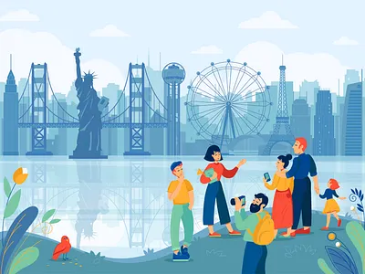 Illustration for exp1.com attraction city design guide illustration landmark paris people tour tourism tourist travel usa vector