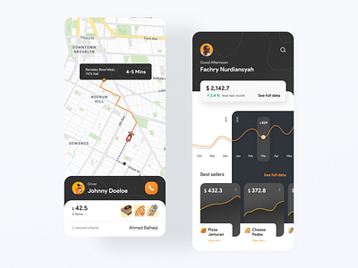 Pizza Order Management App android card clean dark delivery design driver graph ios management map menu minimalist modern order pizza uber ubereats ui ux