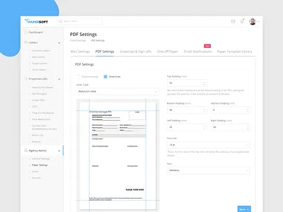 Papersoft - PDF Settings checkbox clean clean ui crop form design header design modern design motion design pdf product design settings page settings ui side menu tabs top navigation ui user experience design user interface design ux visual design