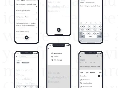 Next Best Idea black and white clean idea interaction notebook notes notifications reminders simple ui ux