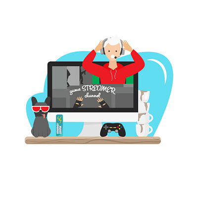 Streamer recording live video of reviewing computer games blogger cartoon character character design computer game concept concept design creative design digital flat flat design home house illustration personage design shooter stream vector vlog