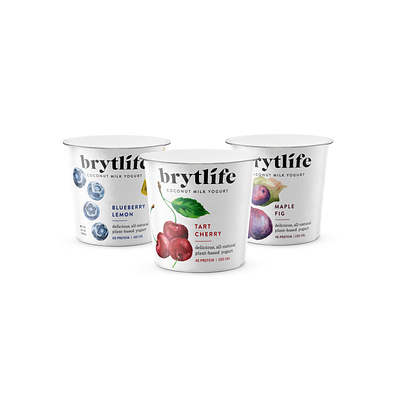 Brytlife Yogurt Packaging Design branding food fruit illustration label logo packaging packaging design vegan vegan food vegan yogurt veganism watercolor yogurt