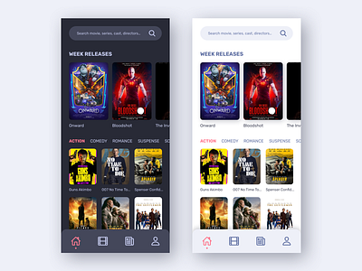 Moovi - Movies database [Dark UI / Light UI] app bottom nav films grid list view mobile movie movie app search bar sketch sketchapp ui uidesign uiux