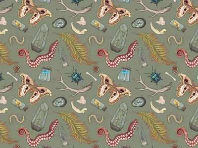 Curio Print beetles bugs curio digital illustration illustration moth pattern plants print design repeat repeat pattern repeat print scientific surface pattern surface pattern design