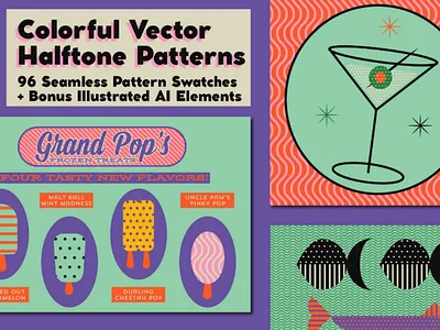 Colorful Vector Halftone Patterns branding color fish for sale geometric halftone illustration lines logo martini minimal modern palette patterns popsicle product shapes vector vintage