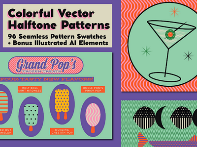 Colorful Vector Halftone Patterns branding color fish for sale geometric halftone illustration lines logo martini minimal modern palette patterns popsicle product shapes vector vintage